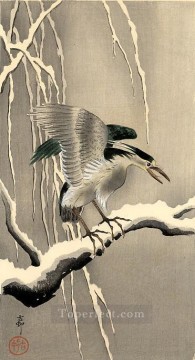  heron Art - night heron on a snowy branch Ohara Koson Shin hanga